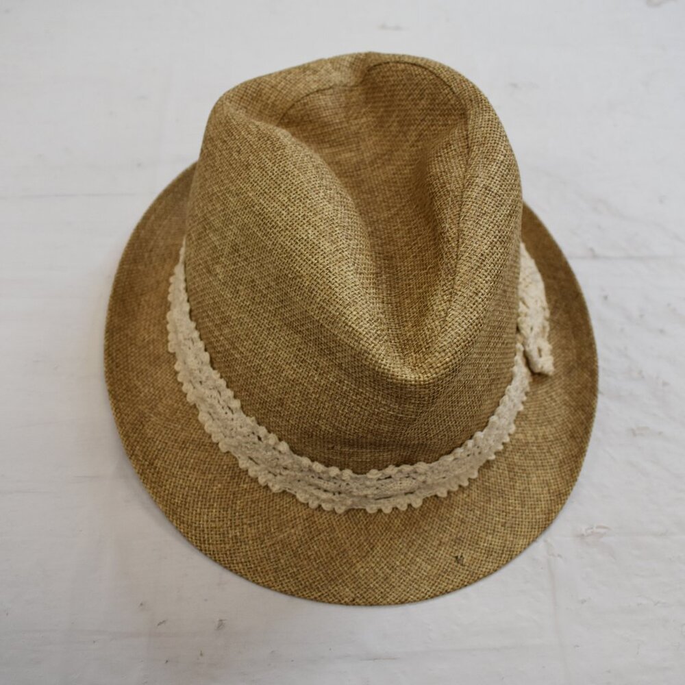Wilsons Leather Brown Straw Fedora with Cream Lace Band